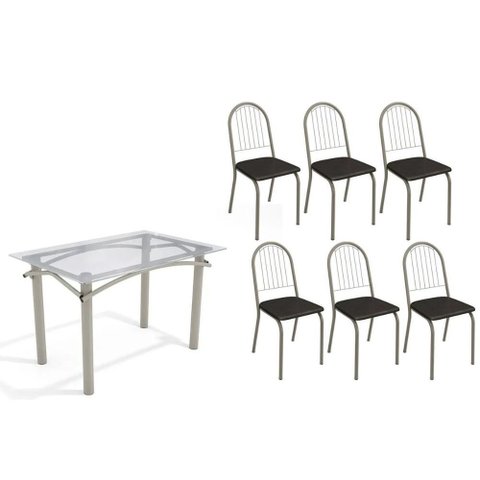Conjunto: Mesa Sala Jantar Elba C/ Tampo de Vidro 120cm e 6 Cadeiras Noruega Niquel - Courano Preto