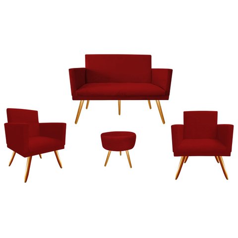 Kit Namoradeira + 2 Poltronas Decorativa Nina + Puff Redondo Suede Vermelho Pés Madeira Ms Decor
