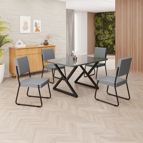 Conjunto Sala de Jantar Mesa 120x90cm Base Império Tampo MDF Laca com Vidro Napoli Preto/Grafite