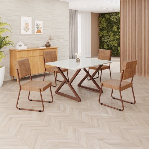 Conjunto Sala de Jantar Mesa 120x90cm Base Império Tampo MDF Laca com Vidro Napoli Marrom