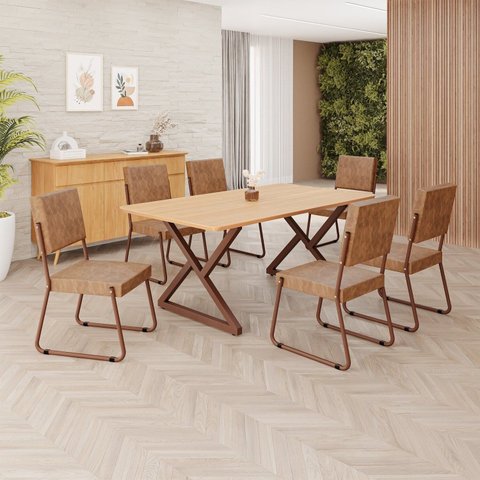Conjunto Sala de Jantar Mesa 160x90cm Base Império Tampo MDF Napoli Marrom