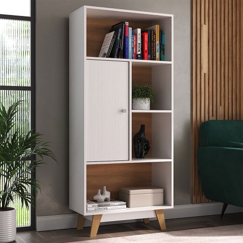 Estante Livreiro 1 Porta 4 Nichos Offfice Branco/nogal - Hecol