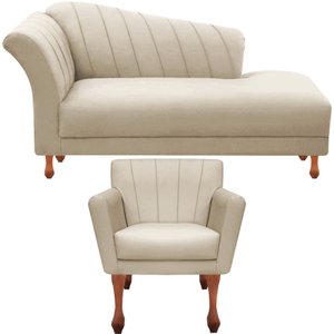Conjunto Recamier Sofá Divã Chesterfield + Poltrona Iza:Sued Bege