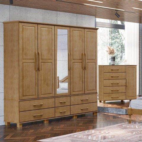Conjunto Quarto: Guarda-roupa 5 Portas, Cômoda Sapateira 5 Gavetas Freijó Ouro Madeira Pinus - Fines