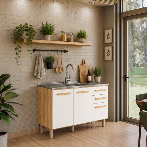 Balcão de Cozinha com Pia Inox 120cm 03 Portas 02 Gavetas Intenza Freijó Off White Nicioli Ghelplus