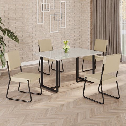 Conjunto Sala de Jantar Mesa 120x90cm Base Lunna Tampo MDF Laca com Vidro Napoli Preto/Creme