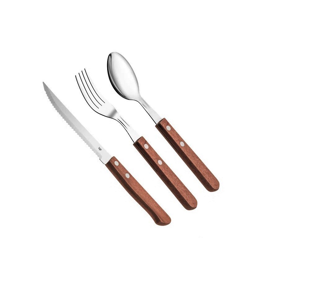 Jogo de talheres de mesa para carne lâmina Inox cabo madeira 24pçs UP Home - 2