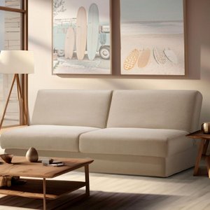 Sofá Cama Easy 3 lugares 208cm com Baú e tecido Linho Bege 1429