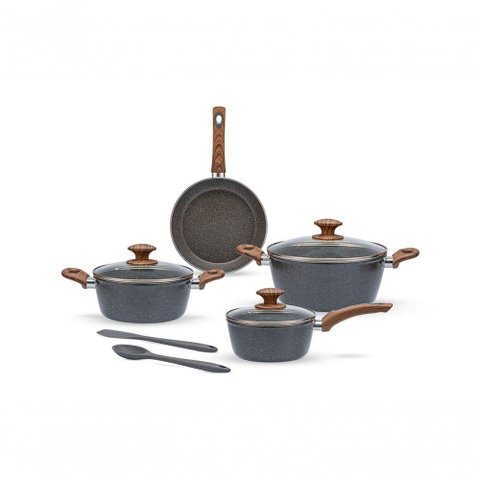 Jogo de Panelas Brinox Antiaderente Ceramic Life 6 Peças Marble Wood com Indução Cinza Escuro