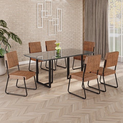 Conjunto Sala de Jantar Mesa 160x90cm Base Lunna Tampo MDF Laca com Vidro Napoli Preto/Marrom