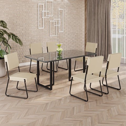 Conjunto Sala de Jantar Mesa 160x90cm Base Lunna Tampo MDF Laca com Vidro Napoli Preto/Creme