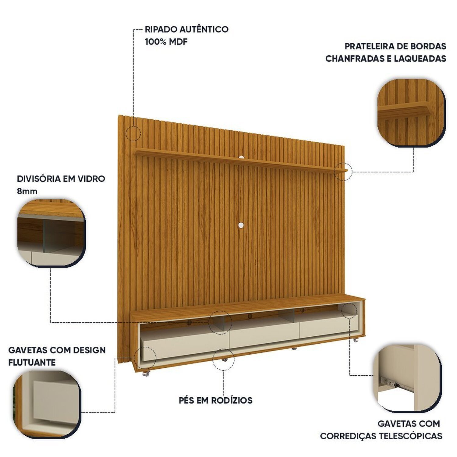 Rack com Painel para Tv até 85 Polegadas 3 Gavetas com Rodízios Requinte/nobre Clean - 5