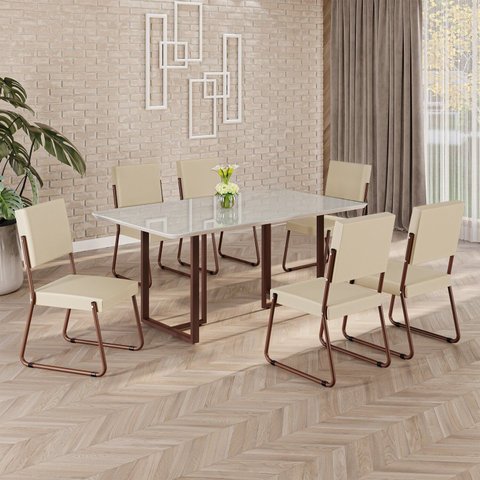 Conjunto Sala de Jantar Mesa 160x90cm Base Lunna Tampo MDF Laca com Vidro Napoli Marrom/Creme