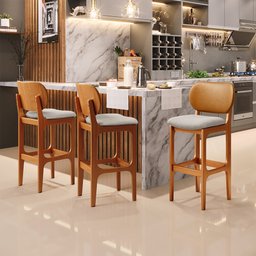 Kit 5 Banquetas Alta Bar Cozinha Jantar Betta L02 Imbuia Couríssimo Whisky Linho Bege - Lyam Decor - 2