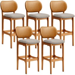 Kit 5 Banquetas Alta Bar Cozinha Jantar Betta L02 Imbuia Couríssimo Whisky Linho Bege - Lyam Decor - 1