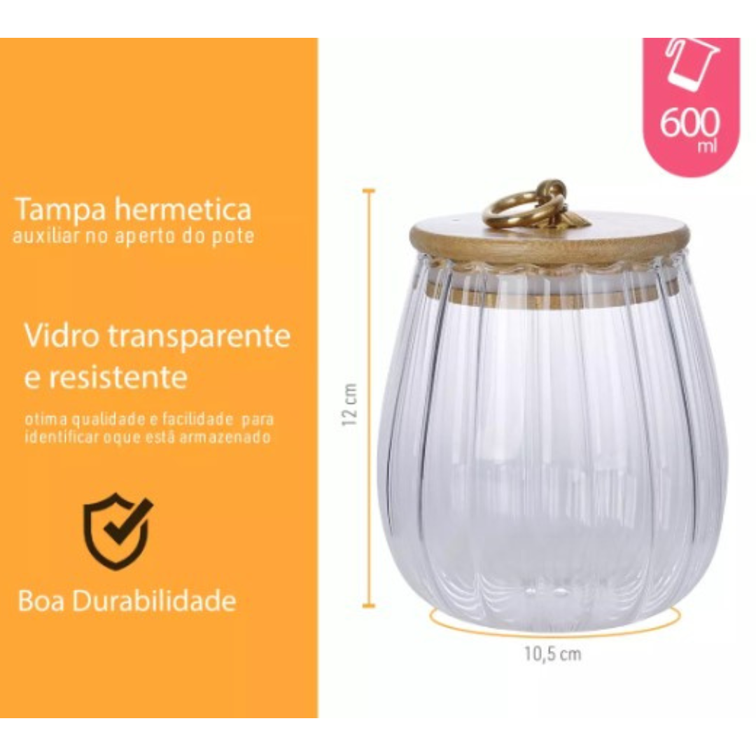 Pote de Vidro Riscas com Tampa de Bambu 600ml - 2