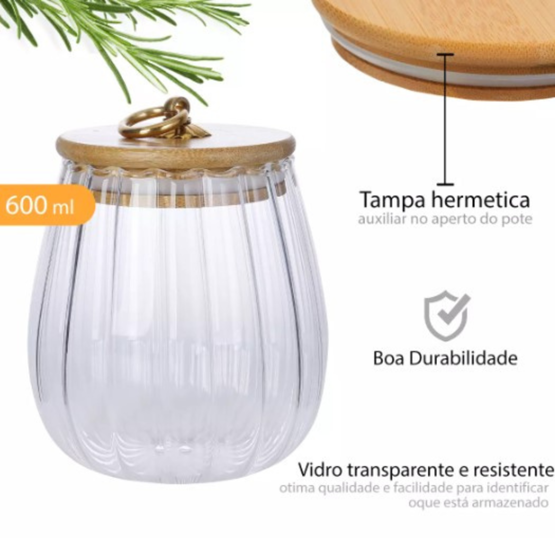 Pote de Vidro Riscas com Tampa de Bambu 600ml - 4