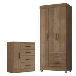 Guarda Roupa Solteiro 3 Portas e Cômoda 4 Gavetas e 1 Porta Lite Carvalho Oak – Móveis Leão - 1