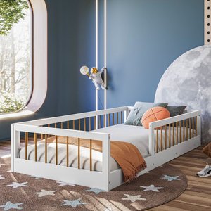 Cama Montessoriana Infantil Berço Grade de Proteção Quarto da Criança Cor Branco/nature