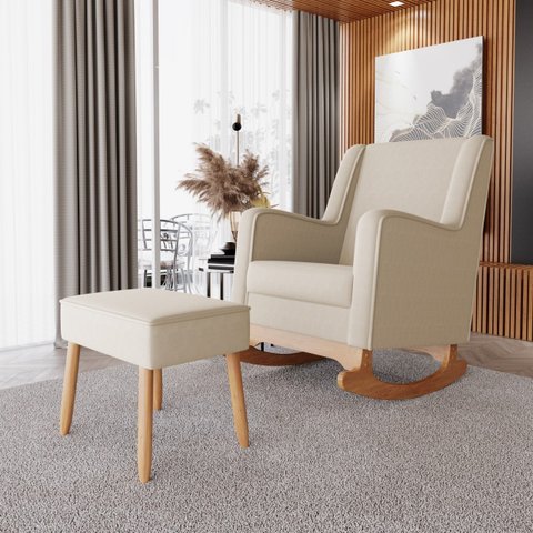 Poltrona Amamentação Aquila Balanço com Puff Suede Cru Ideal Moveis