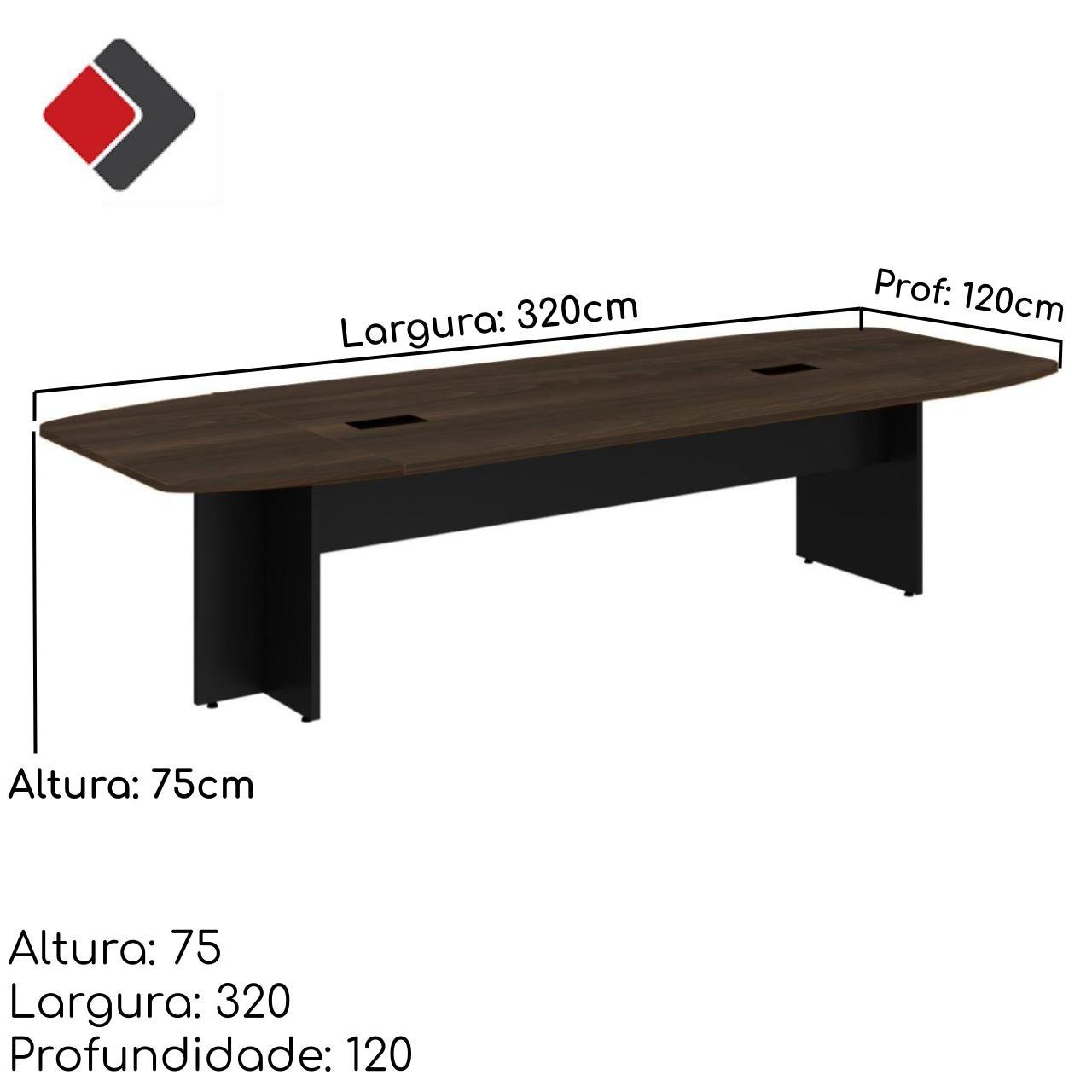 Mesa de Reunião Diretoria ABAULADA - 3,20x1,20m - WORKSTART - MARSALA/PRETO - 21017 - 2