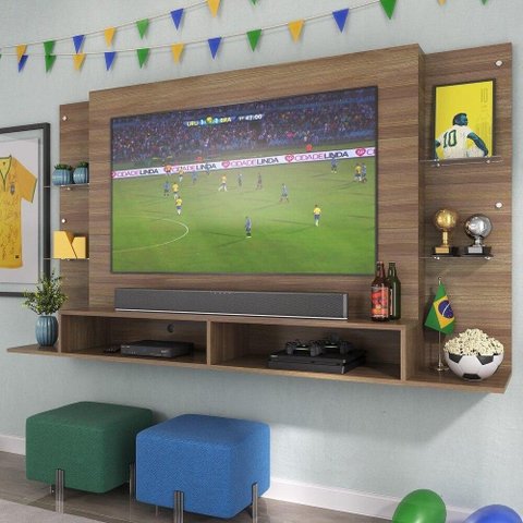 Painel Tv 60" Com Prateleiras De Vidro Brasil Multimóveis Br2739 Madeirado