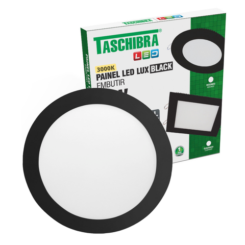Painel de Led Redondo Embutir 24W Preto Bivolt Taschibra 3000K Luz Quente