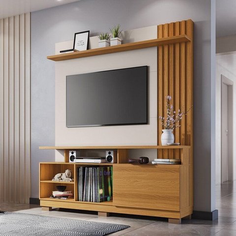 Estante Home para TV até 55 Polegadas 187x160cm 1 Porta Basculante Ripado Kassiopi Espresso Móveis