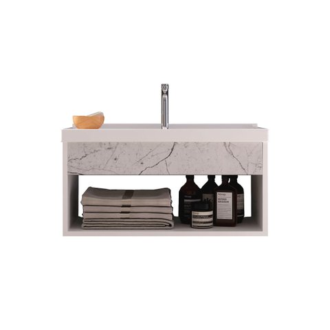 Gabinete Nicho Suspenso para Banheiro com Lavatório Beta Branco com Marmorizado Branco - Cerocha