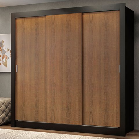 Guarda-Roupa Casal Madesa Mônaco 3 Portas de Correr Preto/Rustic Cor:Preto/Rustic