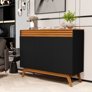 Balcão Aparador Buffet Florence Ripado Mdf 3 Porta Pé Palito:preto/nature