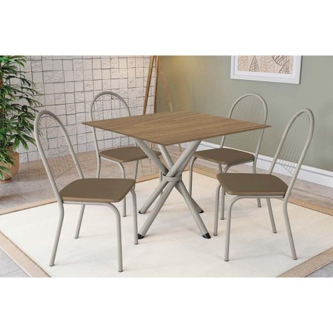 Conjunto: Mesa Sala Jantar Volga C/ Tampo de Madeira 90cm e 4 Cadeiras Noruega Niquel/nogueira -