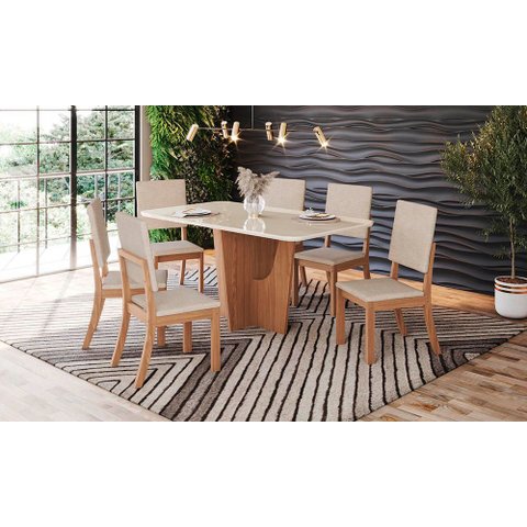 Conjunto Mesa de Jantar Vértice com Vidro e 6 Cadeiras Milla Henn - Nature/off White/linho