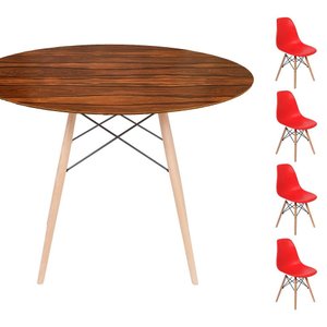 Conjunto Mesa Eames Eiffel Dsw Redonda Pau Ferro 120cm + 4 Cadeiras Eames Dsw - Vermelha Mgsaarinen