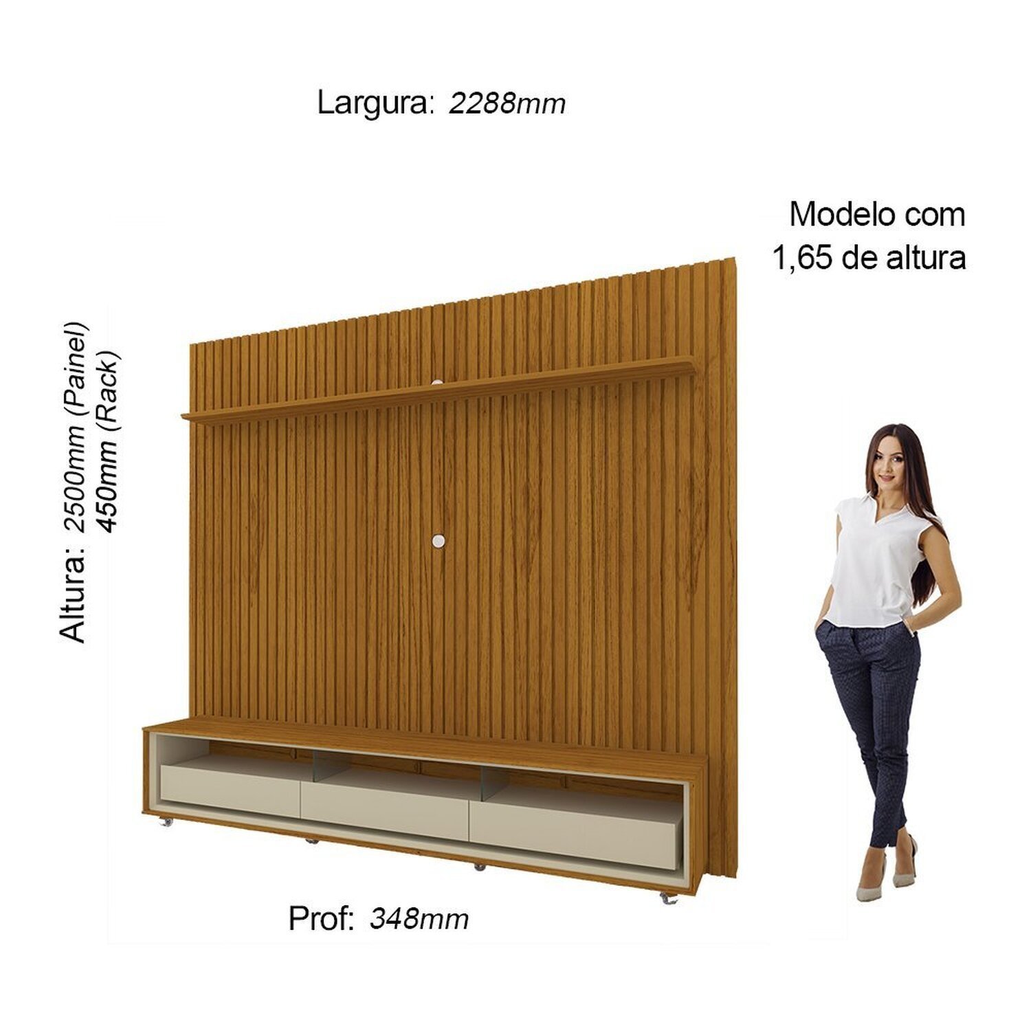 Rack com Painel Ripado para Tv até 85 Polegadas 3 Gavetas com Rodízios 230cm Requinte/nobre - 5