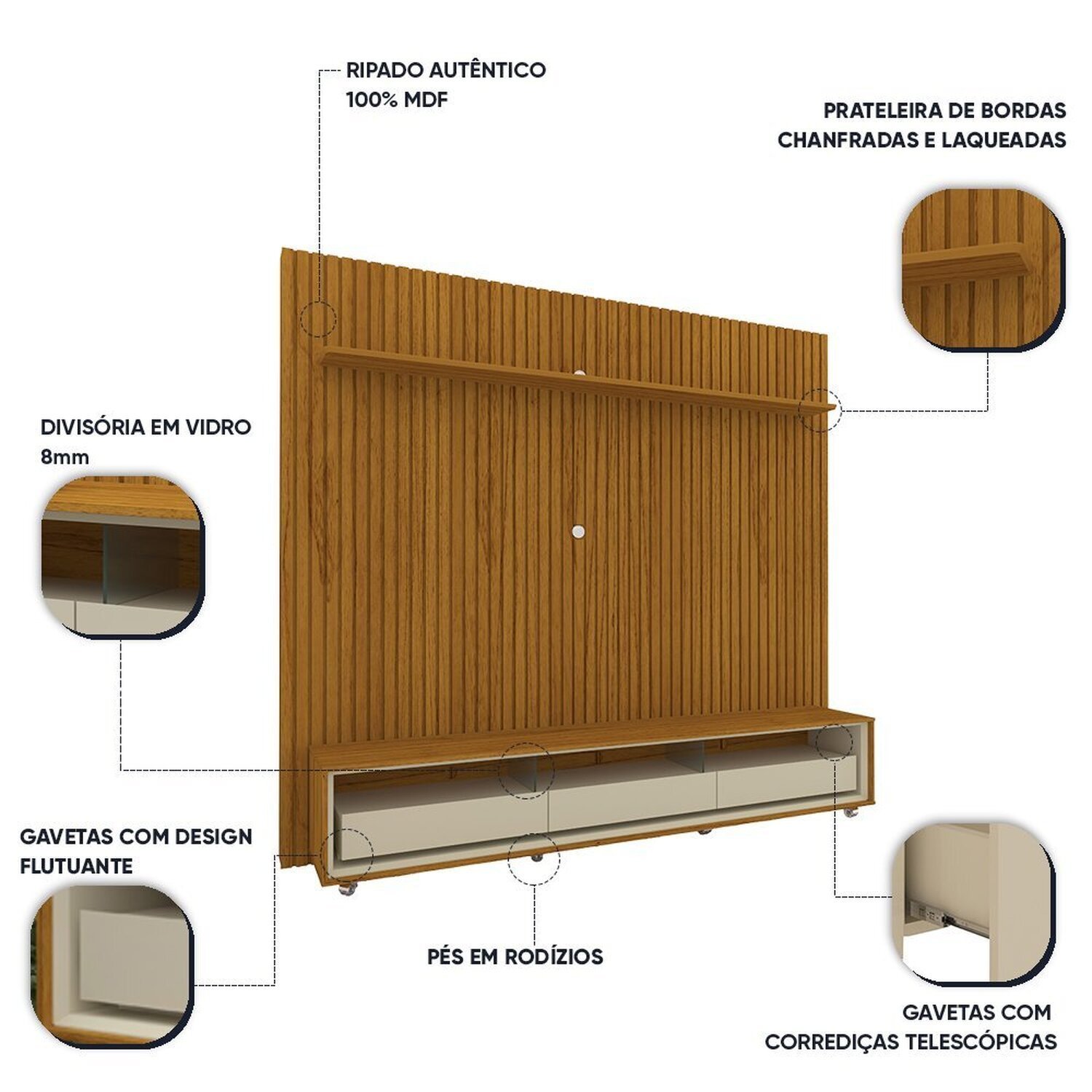 Rack com Painel Ripado para Tv até 85 Polegadas 3 Gavetas com Rodízios 230cm Requinte/nobre - 6