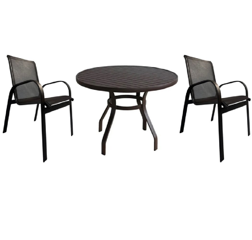 Conjunto Mesa 90cm 2 Cadeiras Tela Sling Premium para Piscina em Aluminio Marrom
