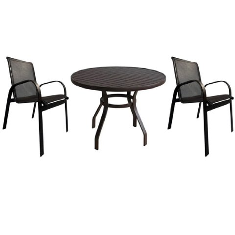 Conjunto Mesa 90cm 2 Cadeiras Tela Sling Premium para Piscina em Aluminio Marrom