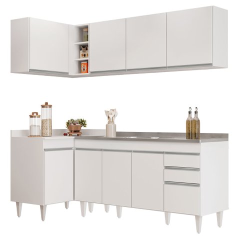 Armário de Cozinha Modulado de Canto Direito 4 Peças Cp42 com Pia Inox Branco - Lumil Lumil Móveis