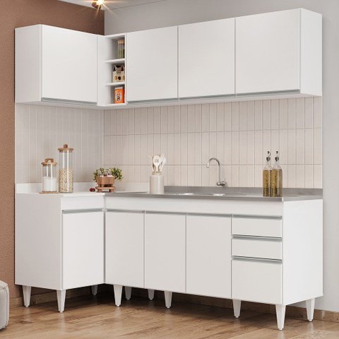 Armário de Cozinha Modulado de Canto Direito 4 Peças Cp42 com Pia Inox Branco - Lumil Lumil Móveis