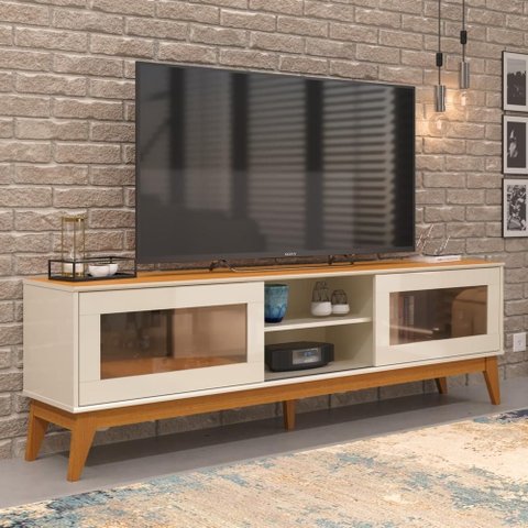 Rack para Tv até 65 Polegadas Amber 2 Portas Vidro Deslisante Reflecta 180cm - Off White e Cedro