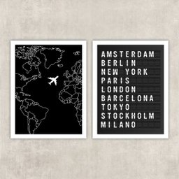 Kit 2 Quadros Viagem Placa de Aeroporto 24x18cm - com Vidro:madeira Preta - 1