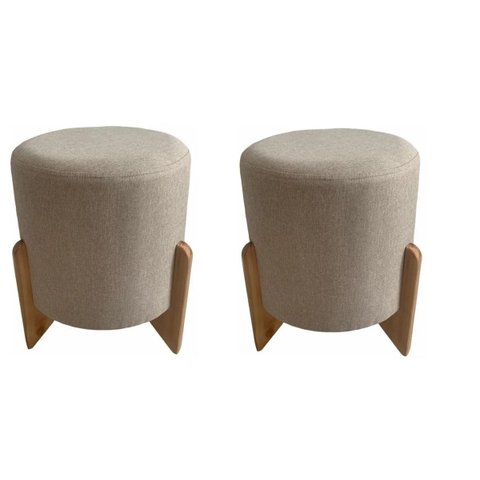 Kit 2 Puffs Redondo para sala e quarto decorativo luxo base madeira 3 pés tecido linho Bege