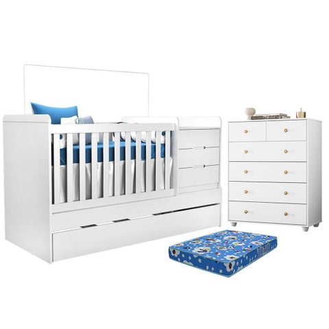 Berço Multifuncional Cléo com Colchão Ortobom e Cômoda Vittoria 6 Gavetas Branco - Móveis Albatroz