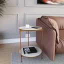 Ver imagem 2 de Mesa de Apoio Duda Lateral Canto Off White e Nature Sala/escritório/quarto com Pés de Ferro Bronze