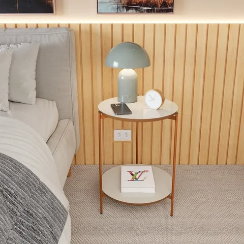 Mesa de Apoio Duda Lateral Canto Off White e Nature Sala/escritório/quarto com Pés de Ferro Bronze