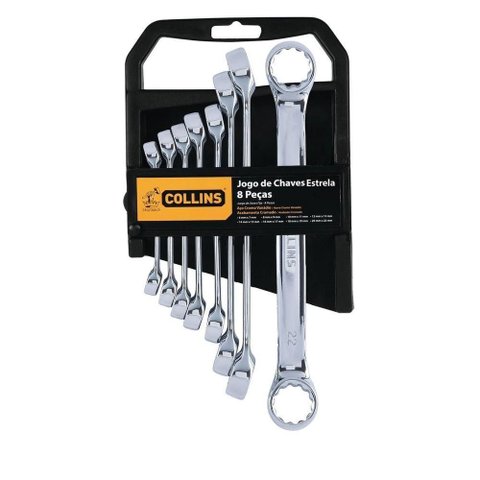 Jogo de Chave Estrela DIN838 8 Peças 6 a 22mm Aço Cromo Vanádio Cromado Collins