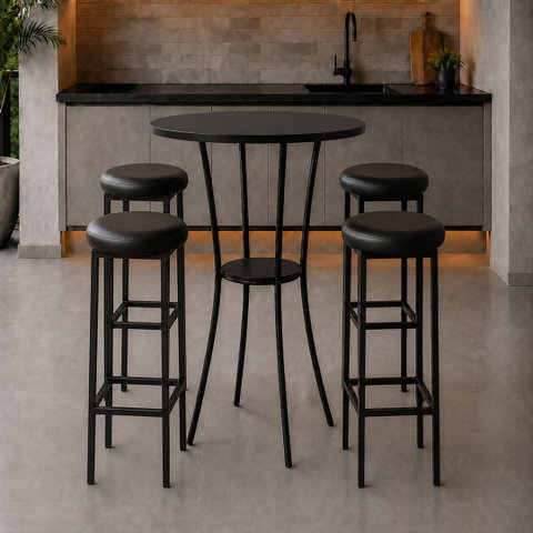 Conjunto Mesa Alta Bistrô Porto com 4 Banquetas Estofada Kassel Cor Preto - Kmj