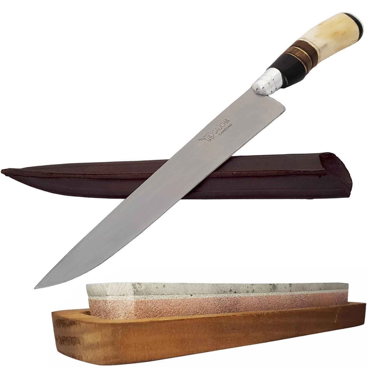 Faca Artesanal 10' Aço Carbono Cabo Osso Madeira e Chifre Pedra Amolar ...