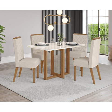 Conjunto Mesa de Jantar Natalí com Vidro e 4 Cadeiras Nina Henn - Nature/off White/linho